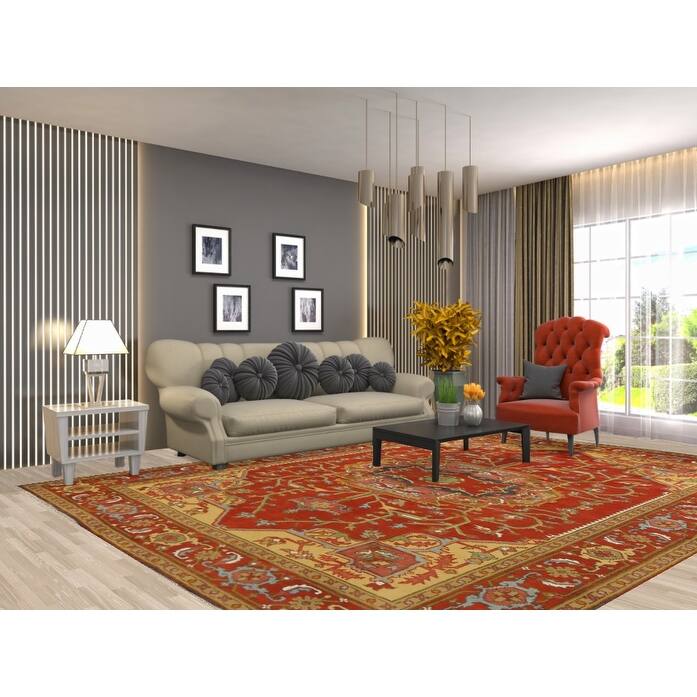 Medallion Heriz Serapi Indian Area Rug Handmade Floral Wool Carpet - 8'9" x 11'8"