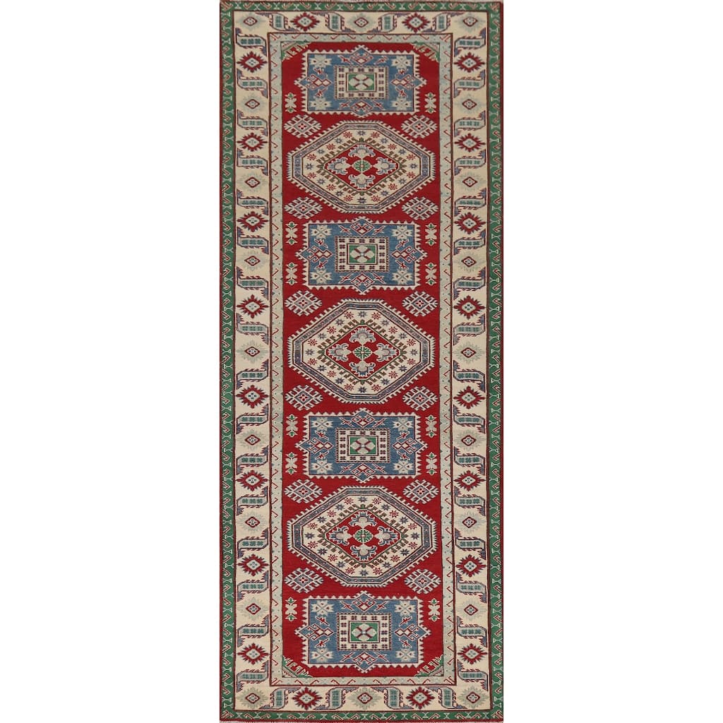 Red Geometric Kazak Runner Rug Handmade Wool Carpet - 4'0" x 13'5"