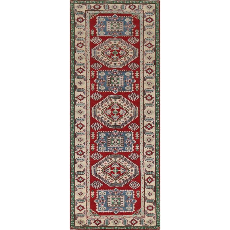 Red Geometric Kazak Runner Rug Handmade Wool Carpet - 4'0" x 13'5"