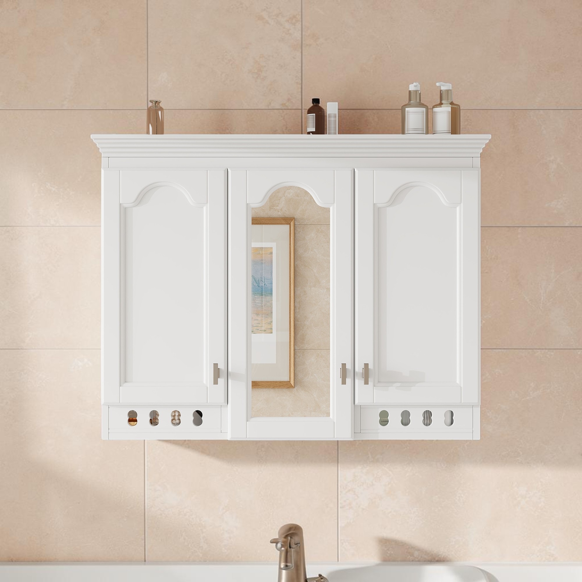 All-in-One Bathroom Mirror Cabinet with Storage Shelves, Wall Mount Vanity Organizer with Doors