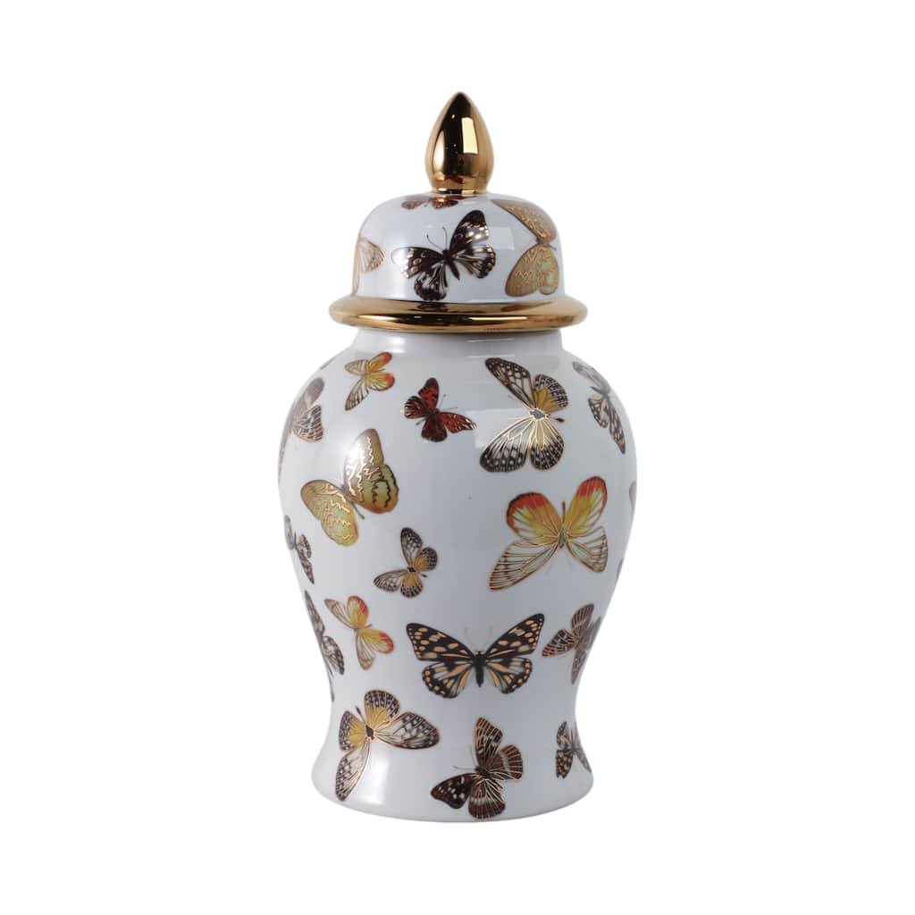 Ceramic Decorative Temple Jar with Lid and Metallic Butterfly Motif