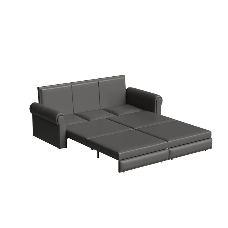 Chesterfield Sofa, 93.7" Faux Leather Convertible Sleeper Sofa Bed, Vintage 3-in-1 Pull Out Couch w/ Nailhead Trim & Rolled Arms