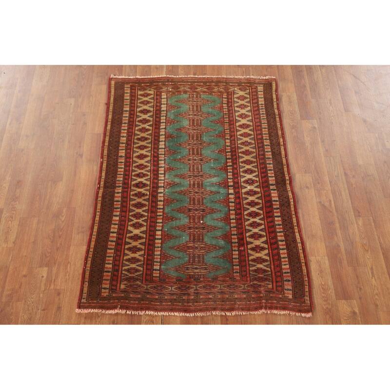 Hand Knotted Oriental 100% Wool Carpet Traditional Geometric Green Bokhara Area Rug - 4' 6'' X 3' 2''