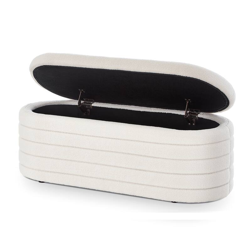 Modern Oval Storage Ottoman Bench,Upholstered Boucle Teddy Fabric End of Bed Bench with Storage,End of Bed Stool