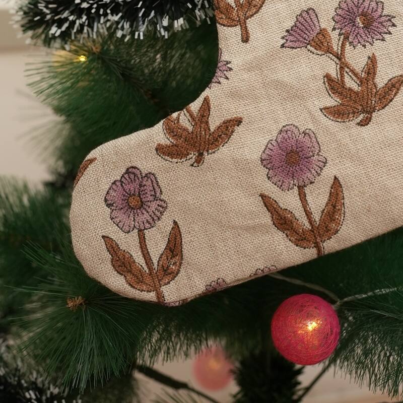 Fabdivine Handmade Linen Floral Block Print Christmas Stocking Home Décor Perfect for Gift - 10"X4.5" - Kirti- Pink, Brown