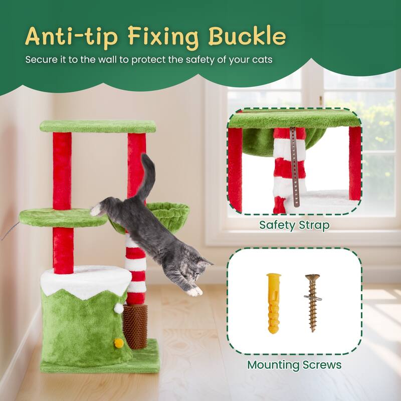 Cat Scratching Posts Tower With Cat Condo And Hammock, Christmas Themed Plush Cat Tree With Cat Massage Brush