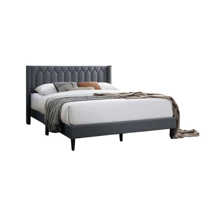 Liana Full Bed, Tufted Charcoal Gray Burlap Upholstery, Foam Padding