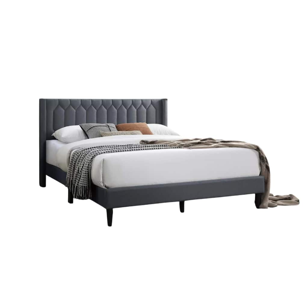 Liana Full Bed, Tufted Charcoal Gray Burlap Upholstery, Foam Padding
