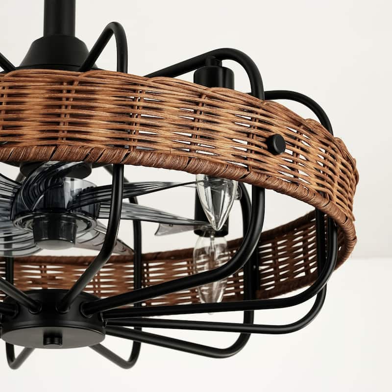 4-Light Farmhouse Modern Brown Drum Ceiling Fan Lighting with Woven Rattan Accent - 18.5 in. W x 5.7 in. H
