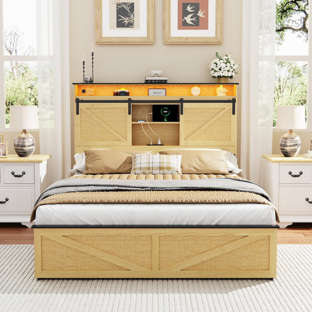 Full Size Farmhouse Bed Frame with Storage, Charging Station, LED Lights, and Drawers