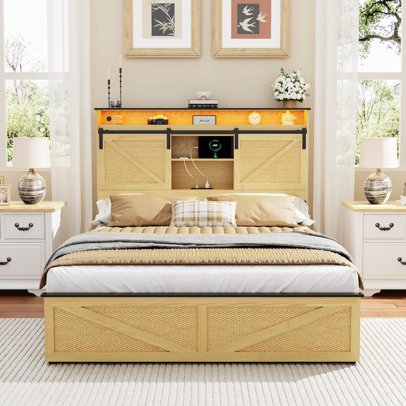 Full Size Farmhouse Bed Frame with Storage, Charging Station, LED Lights, and Drawers - Natural
