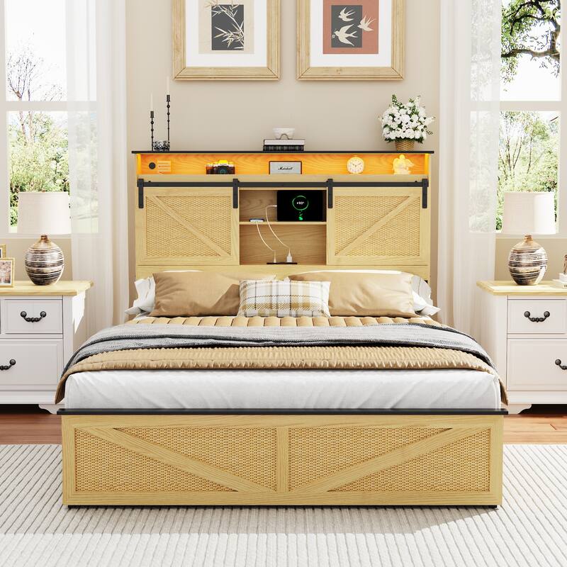 Natural Storage Bed Frame with 2 Drawers and Bookcase Headboard, Sliding Barn Door Storage Shelves, LED Lights, Charging Station - Natural - Queen