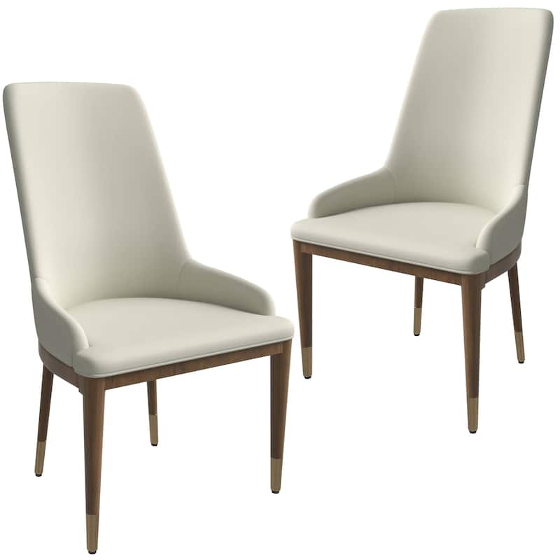 Dining Chair Upholstered in Leather with Rubberwood Frame Set of 2 Side Chair High Back and Gold Accent Legs