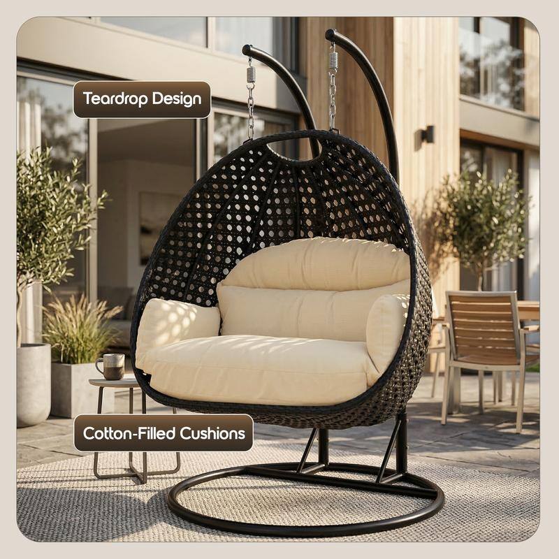 Double Egg Chair - Charcoal Wicker Swing with Breathable Cushions - 2-Person Outdoor Hammock with Rust-Resistant Iron Frame