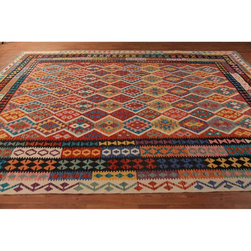 Geometric Kilim Area Rug Flatweave Oriental Multi-Color Wool Carpet - 9'11"x 12'10"
