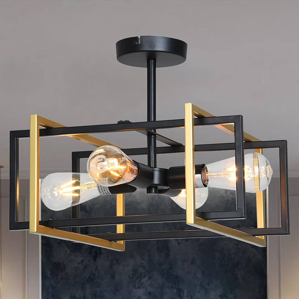 Rizwan Matte Black and Gold 4-Light Open-Cage Metal Semi-Flush Mount