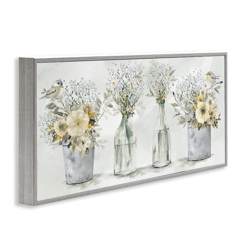 Stupell Farmhouse Floral Bouquets Song Birds Rustic Vases Framed Wall Art - Yellow