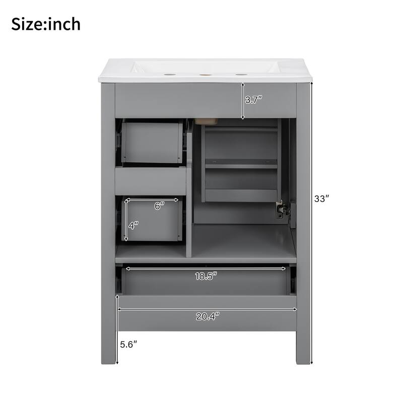 24" Bathroom Vanity with Ceramic Sink Bathroom Storage Cabinet with Double-Layer Door Shelf and 3 Drawers