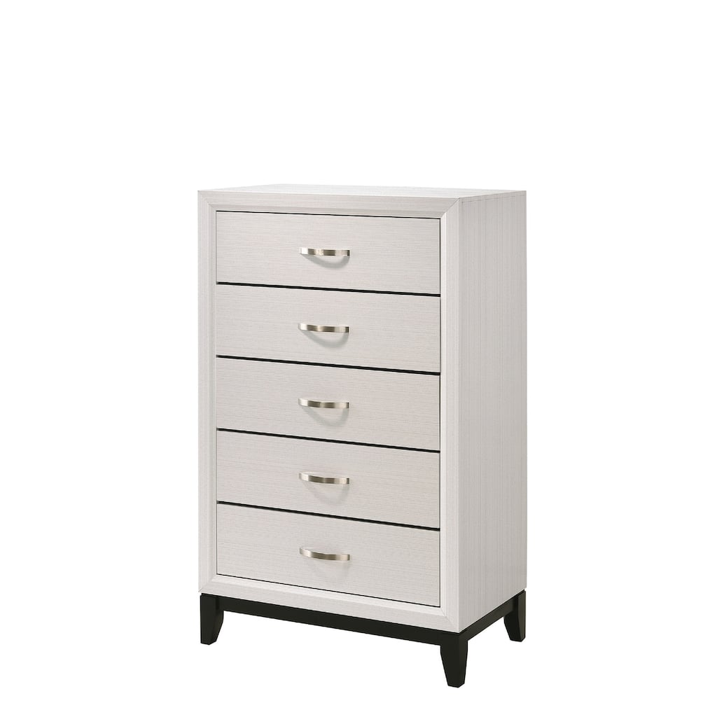 Contemporary 5-Drawer Tall Chest in White Finish, Wooden Bedroom Fit