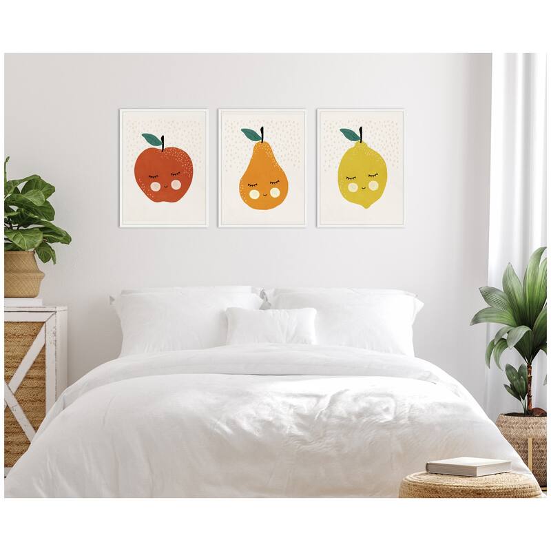 Kate and Laurel Cute Apple Lemon Pear 3 Piece Framed Canvas Wall Art Set by July Art Prints