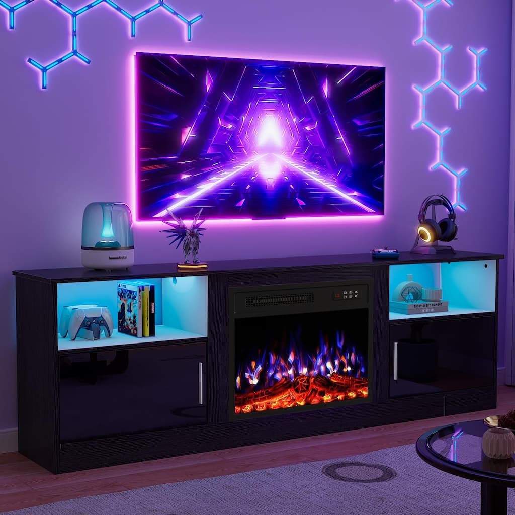 BOSSIN 70-inch TV Stand with 23" Electric Fireplace, Modern High-Gloss Entertainment Center for TVs up to 80" for Living Room