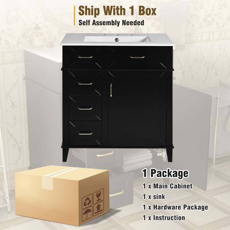 Traditional 30 Inch Bathroom Vanity with Sink, 3 Soft-Close Drawers, Adjustable Storage, Gold Hardware, Freestanding