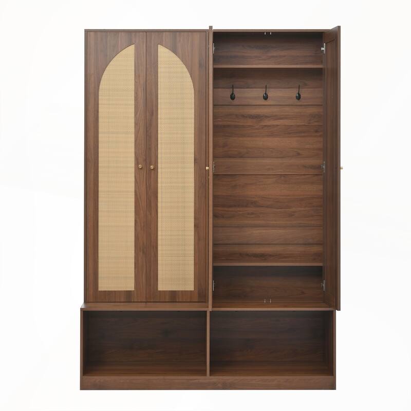 4-In-1 Farmhouse Widen Hall Tree with 4 Rattan Doors