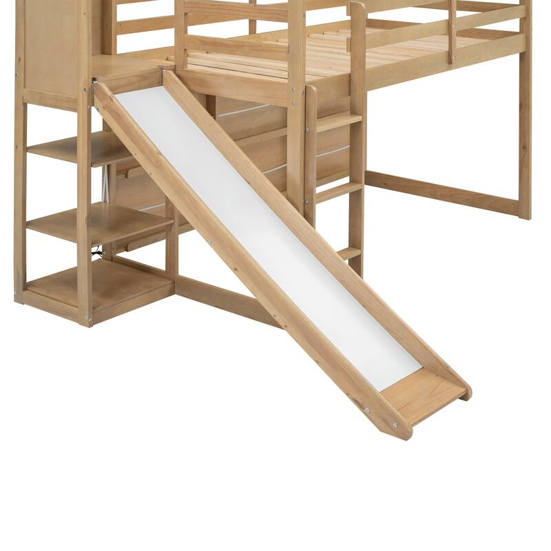 Twin Size Wood Loft Bed with Slide, Storage Shelves, and Climbing Ramp