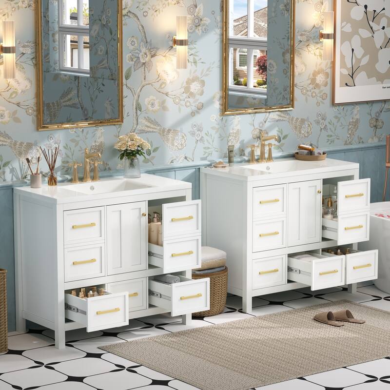 GDFStudio - Bransford Modern Freestanding Double Bathroom Vanity Set with Resin Sinks & Soft Closing Doors, Set of 2 - 72'W