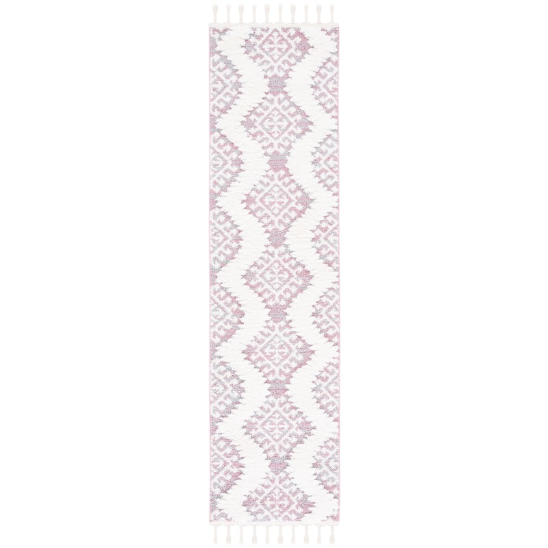 SAFAVIEH Moroccan Tassel Shag Berneice Boho Tribal 2-inch Thick - 2' 3" x 8' - Pink/Ivory