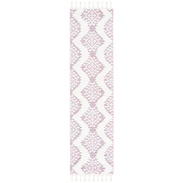 SAFAVIEH Moroccan Tassel Shag Iulieana Boho Tribal 2-inch Thick Rug - 2'3" x 8' Runner - Pink/Ivory