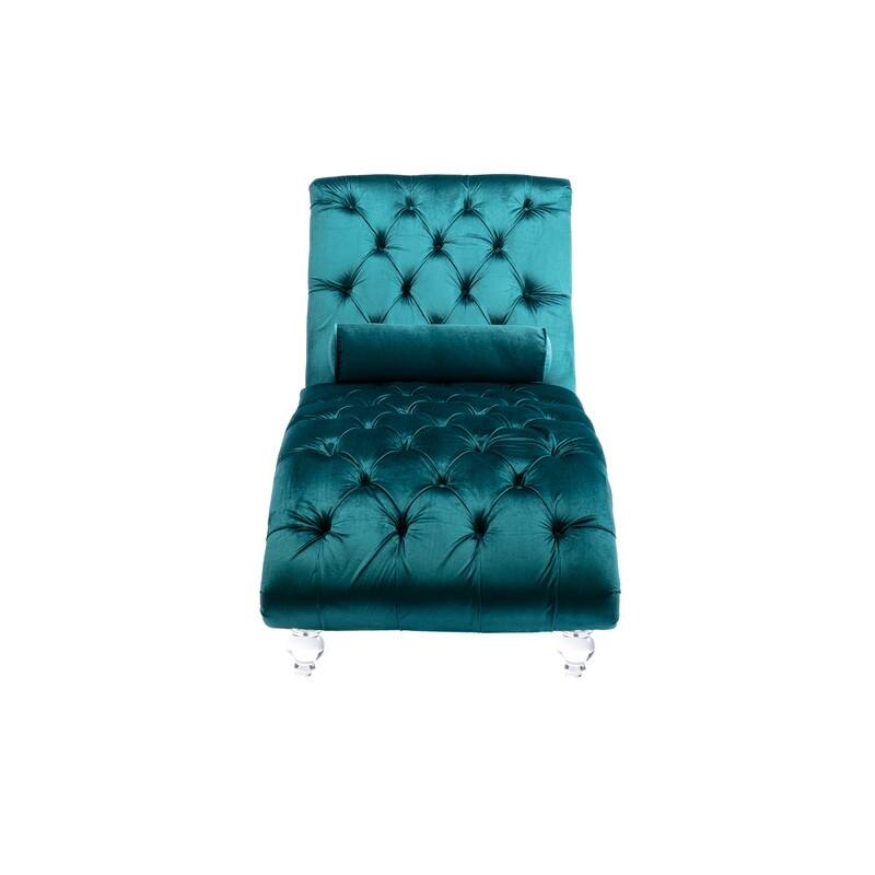 Velvet Chaise Lounge Chair with Toss Pillow,Tufted Button Lounge Chair with Acrylic Legs,Teal