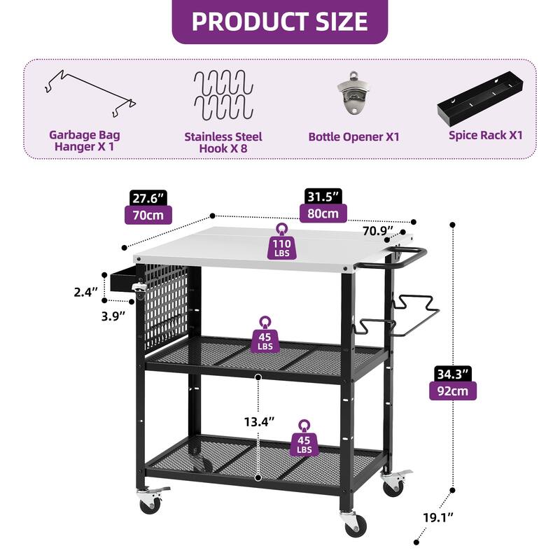 Moasis Outdoor 2 Tiers Stainless Steel Top Grill Cart Table with Drop Leaf and Wheels
