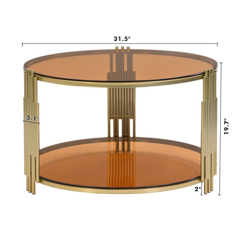 Modern 2-Tier Mirror Coffee Table with Asymmetrical Metal Legs, Round Metal Drum Base Cocktail Table