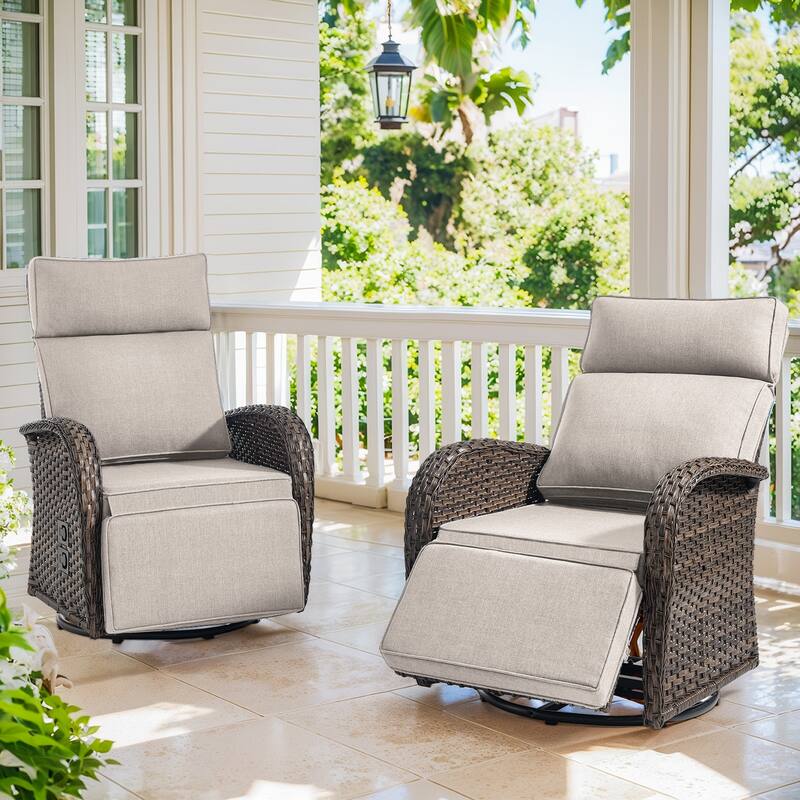 Pocassy Swivel Reclining Chair Lounge Chair with Adjustable Backrest - Beige Cushion - Browm Wicker - 2-Piece Recliner Swivel Chair