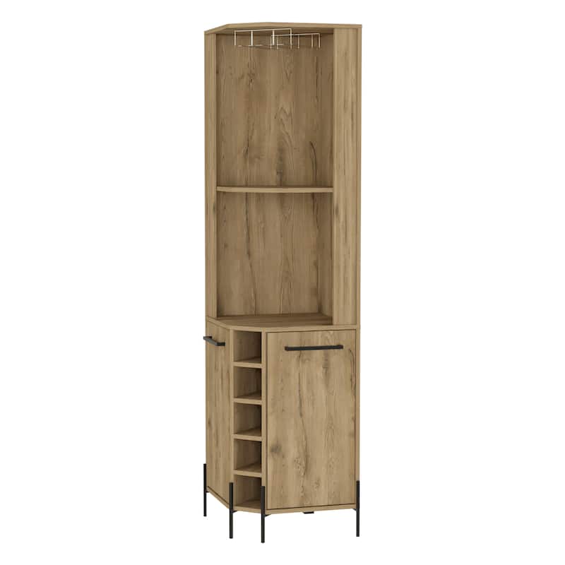FM Furniture Reese Corner Bar Cabinet with Glass Rack, 5 Wine Cubbies, 2 Doors, 4 Inner Shelves, and 2 Open Shelves, Macadamia