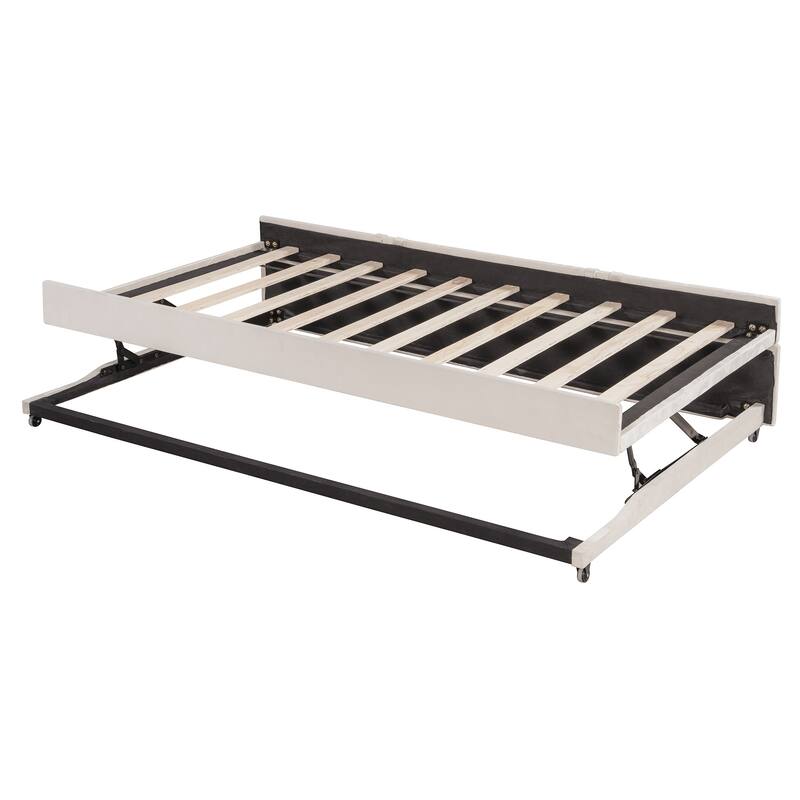 Full Size Daybed with Pull-Out Lift-Up Trundle, Upholstered Daybed Platform Bed with Stripes L-Shaped Backrest and Wood Slats