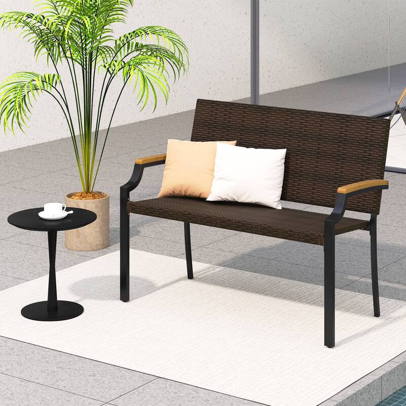 Costway 1/2 PCS Patio Wicker Loveseat Chair with Acacia Wood Armrests