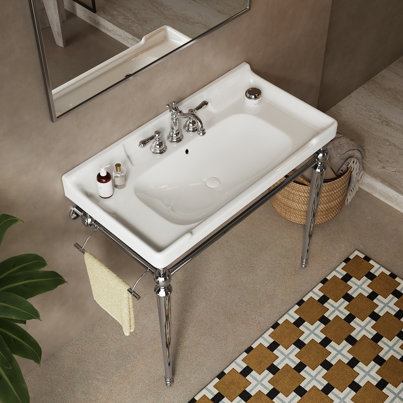 28" Wall-Mounted Console Sink with Stainless Steel Legs, White Ceramic Vanity Basin & Towel Bar