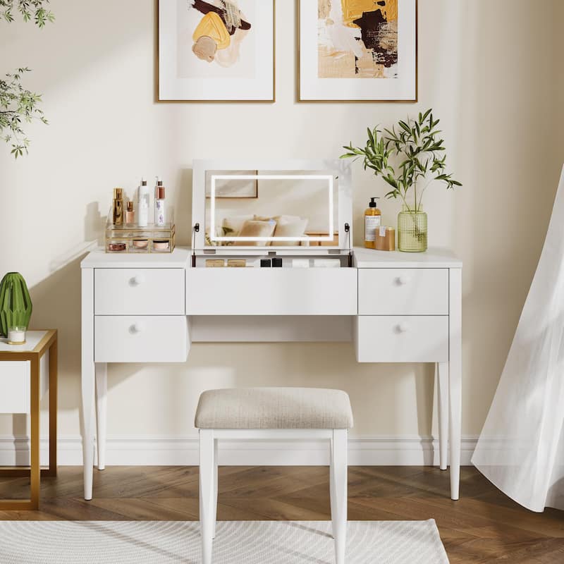 Makeup Vanity Desk with Flip Top Mirror and Lights - White