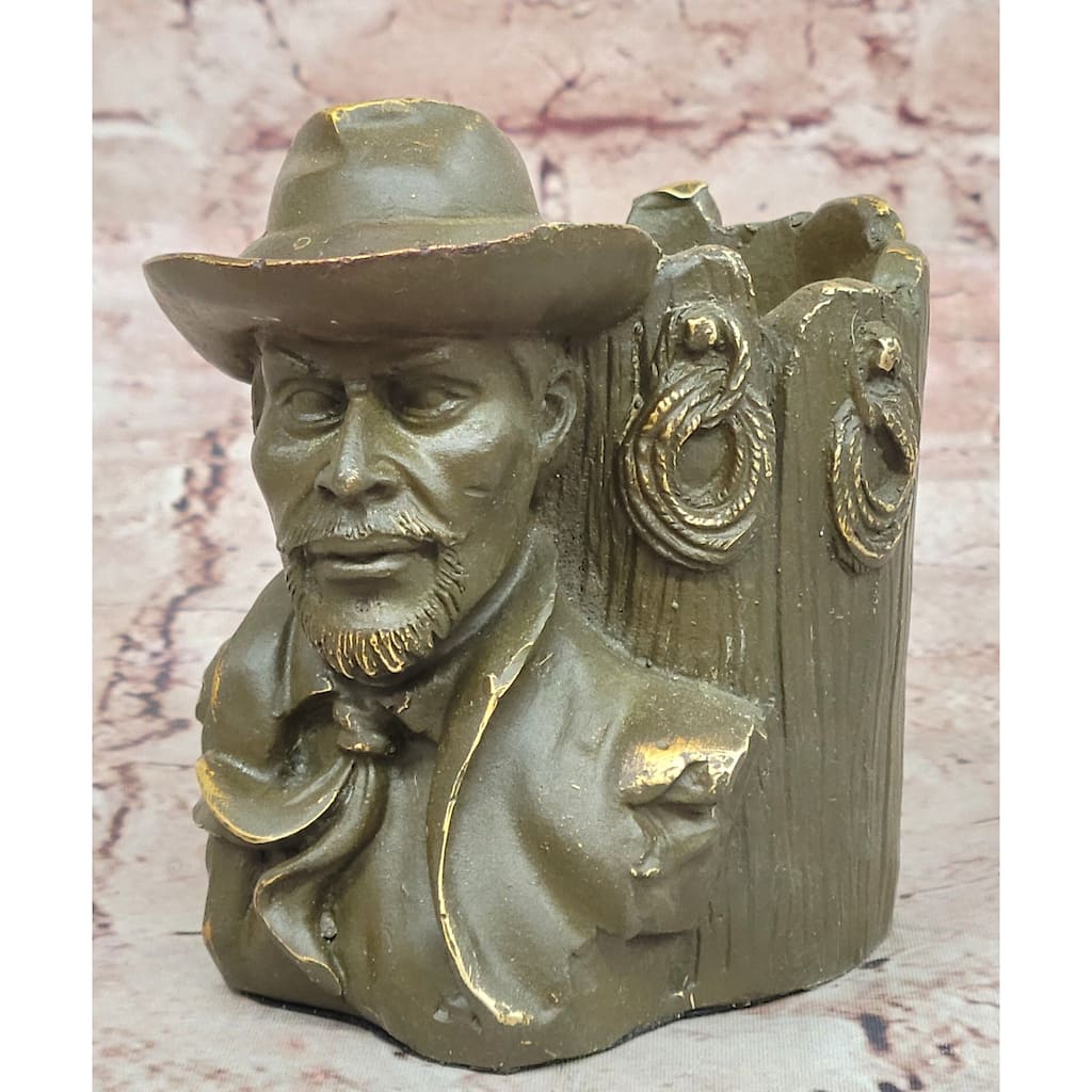 Western Cowboy Bust Bronze Pen Holder – Rustic Desk Decor