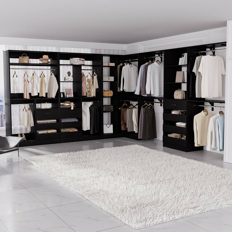 Qvella 72''-204'' Corner Closet System with 10 Wooden Drawers and 10 Hanging Rods, Walk-in Closet Organizer Wardrobe Rack