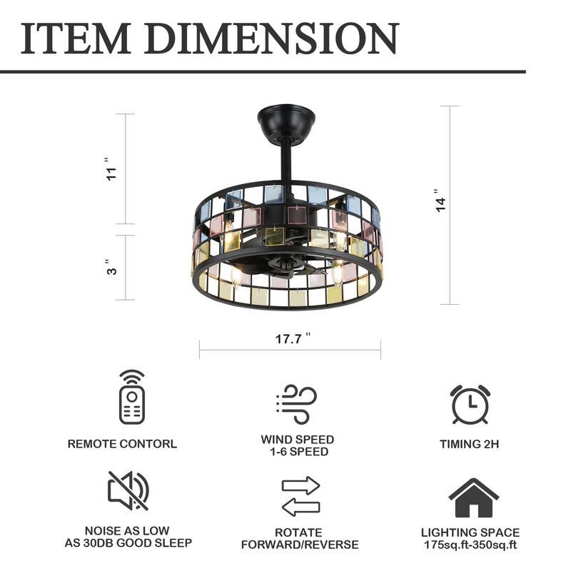 Oaks Aura Coronel 18in. DIY Tiffany Stained Glass Modern Ceiling Fan with Lights, Industrial 3-Speed Caged Ceiling Fan w/Remote