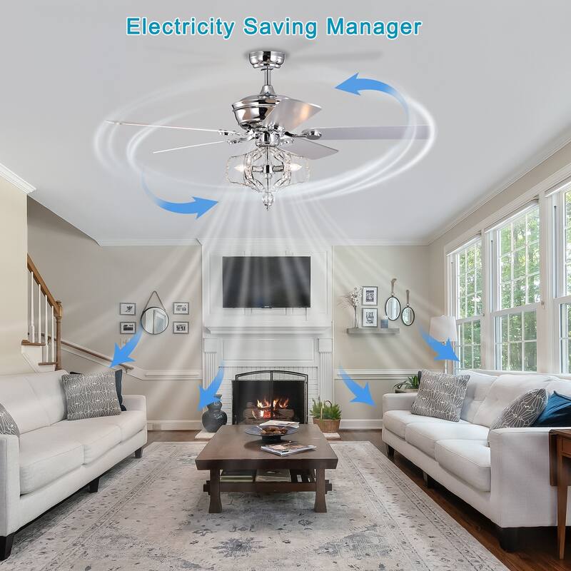 52 inch Chrome Crystal Reversible Ceiling Fan with Lights and Remote Control - 52 Inches