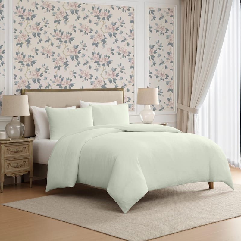 Laura Ashley Crinkle Textured Lightweight Reversible Duvet Cover Set Breathable (3 Piece) - Queen - Green