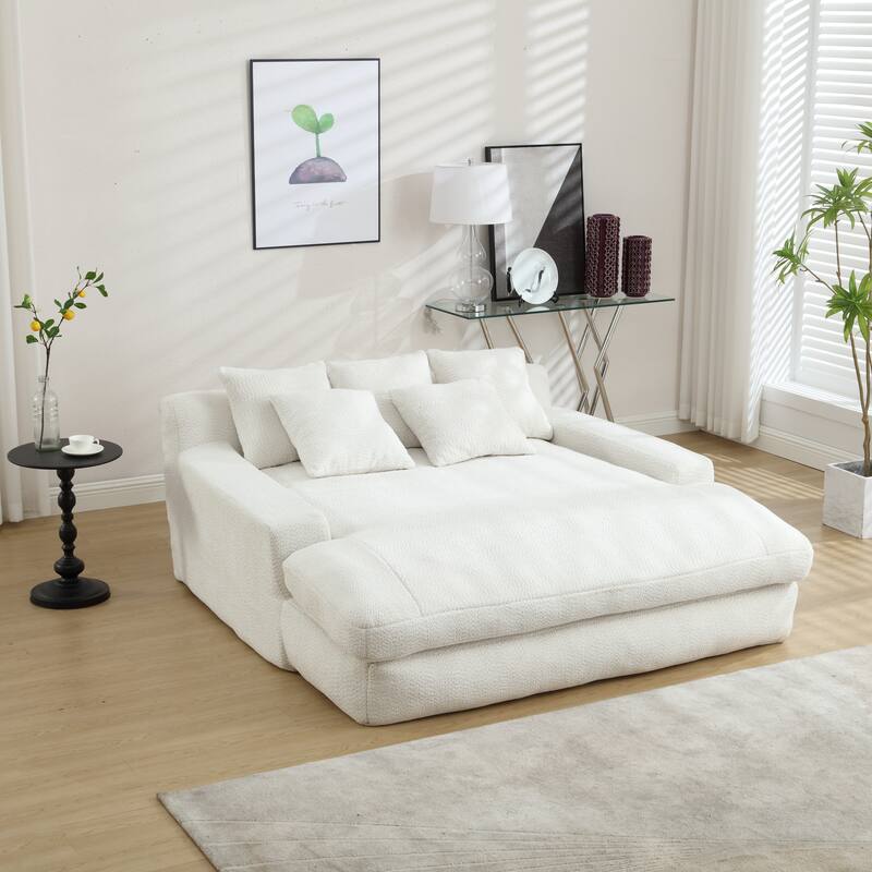2-seater Lazy Sofa Bed with 5 Back Pillows, White Chenille for Living Room - Multi-Color