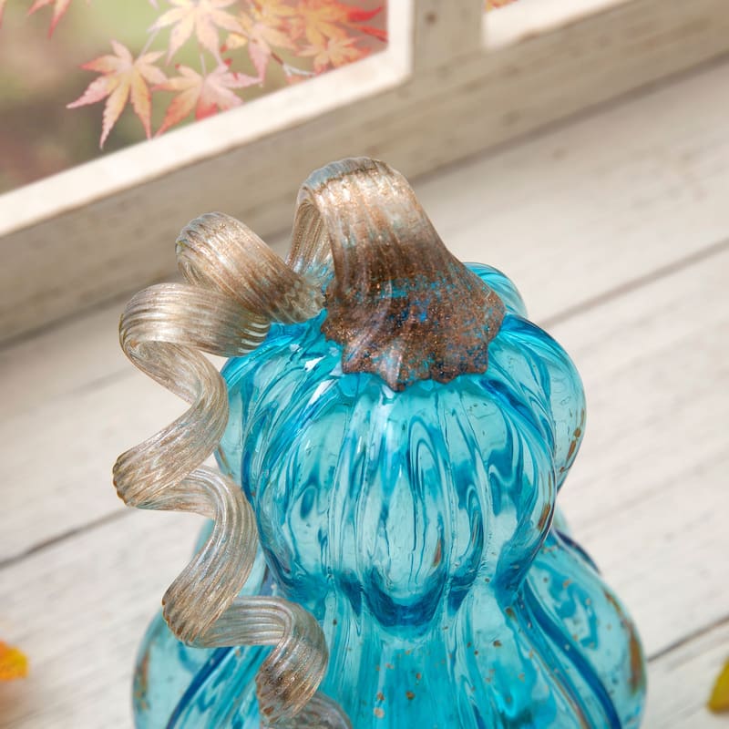 Glitzhome Fall Hand Blown Blue Glass Pumpkin Thanksgiving Table Decor
