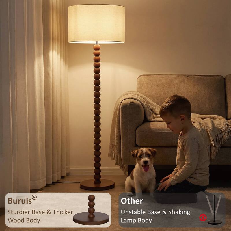 61" Wooden Beaded Floor Lamp, Retro Walnut Finish Standing Lamp with Linen Shade, Rubberwood Base for Living Room, Bedroom