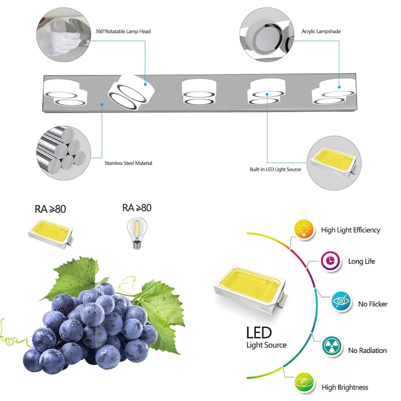 37" Modern 5-Light LED Vanity Light Fixture - with Acrylic Light Shades - Energy-Efficient Bathroom Wall Sconce