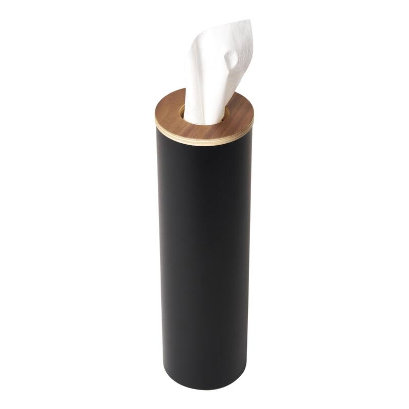 Yamazaki Home Round Tissue Case, Steel and Wood, Small, Lid - L 2.76 x W 2.76 x H 9.37 inches - Walnut